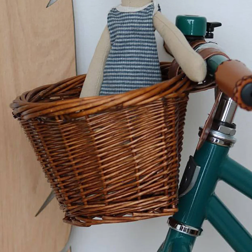 16 Inch Storage Sturdy Front With Straps Beautiful Lines Children Bicycle Basket Durable Pannier Brown Hand-Woven