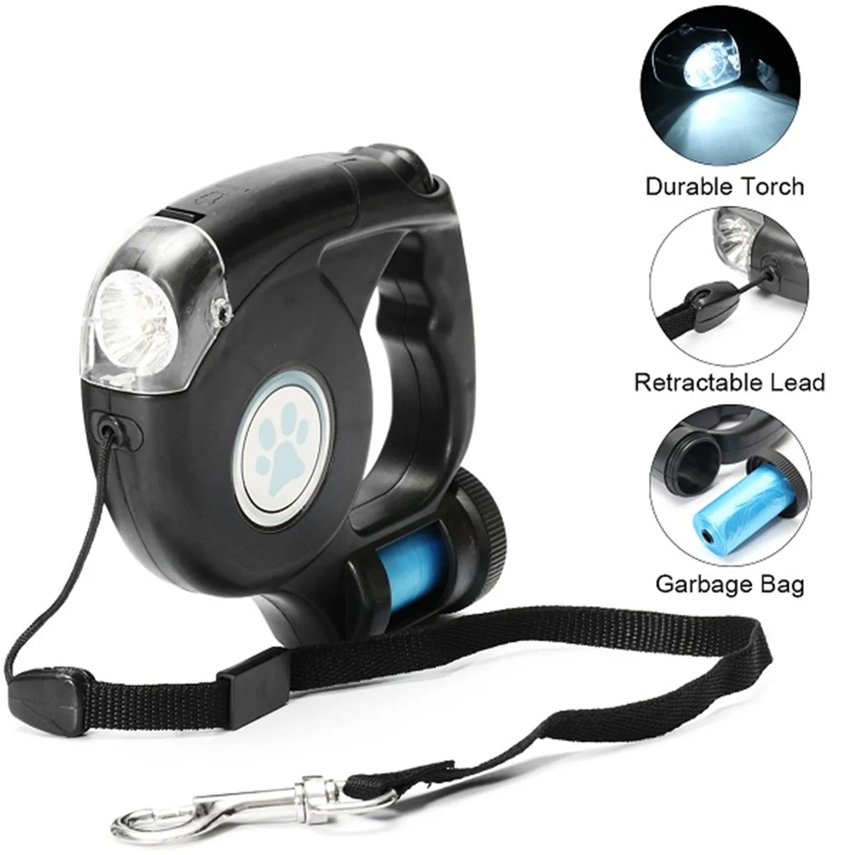 

3 in 1 Pet Dog Leash Lead Retractable LED Flashlight Dogs Leash with Garbage Bag Safe Walking Running Protect 3 Colors