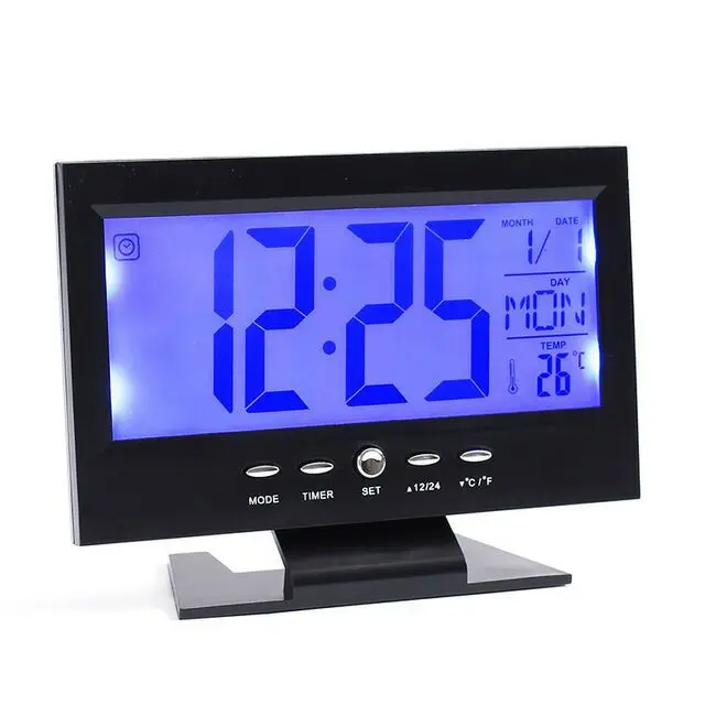 

Digital Alarm Clock With LCD Backlight Calendar Temperature Sound Sensor Lightup Snooze Function Desk Table Desktop Despertador