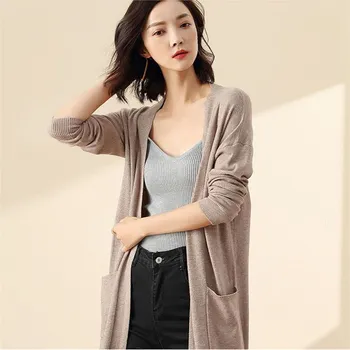 

Fashion Female V-Neck Long Sleeve Thin Sweaters Spring Autumn Solid Pockets Knitted Cardigan