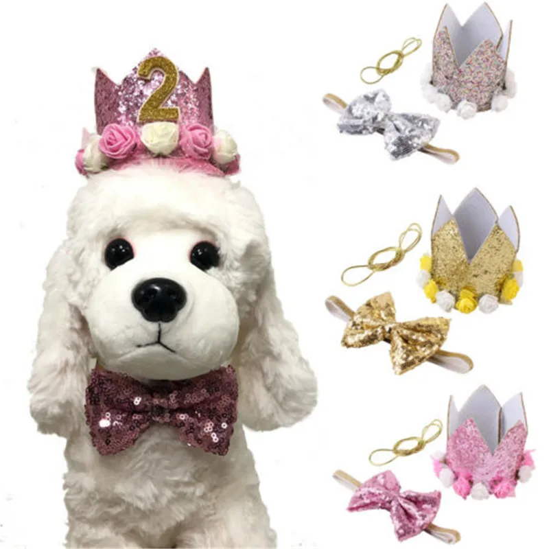 Pet Корона именинника шляпа и Blingbling галстук-бабочка набор для собаки кошки котенка