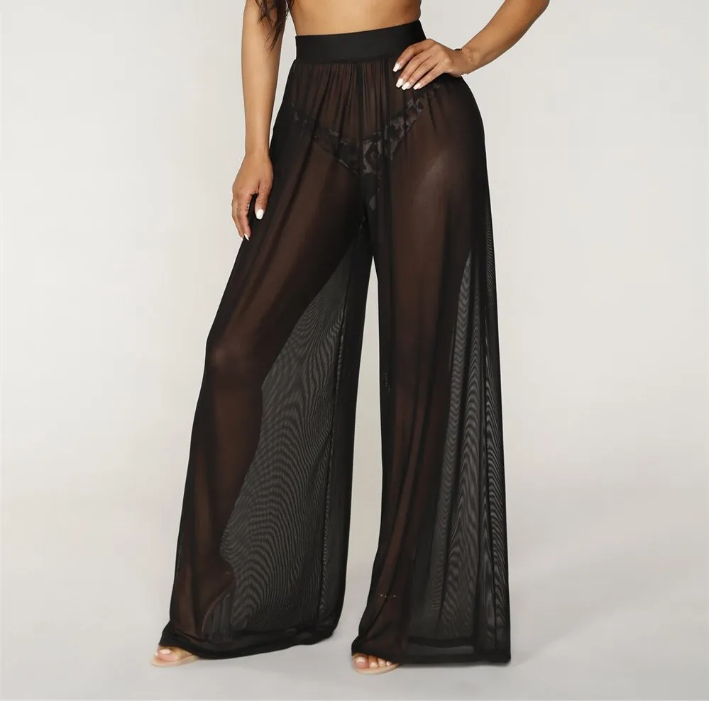 

Summer Women Sexy Transparent Mesh Pants Plus Size Casual Wide Leg Trousers Solid Party Club Bottoms Beach Holiday Pants