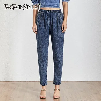 

TWOTWINSTYLE Heavy Rivet Patchwork Denim Trousers For Women High Waist Ankle Length Straight Jeans Female 2020 Fashion Tide