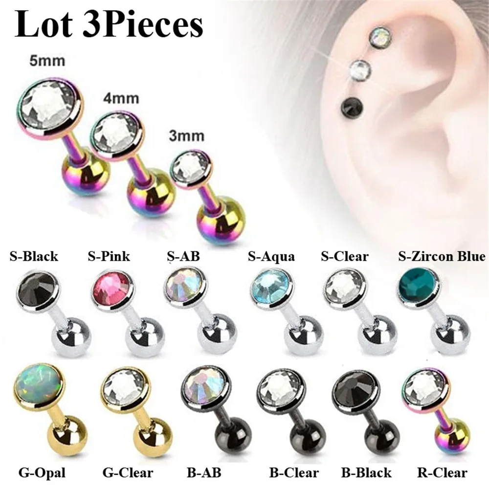 Лот из 3 шт. 16 г уха шпильки хирургическая сталь CZ Gem серьги для ушного хряща Tragus Helix БАР серьги для пирсинга мм 4 5 Топ