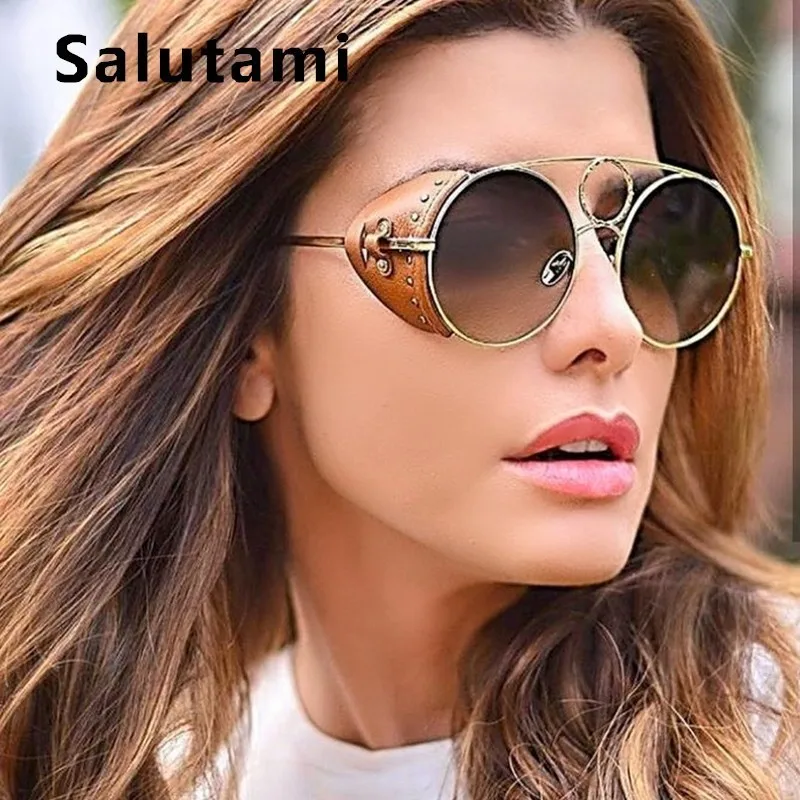 

Pu Leather Frame Round Sunglasses For Women 2019 Luxury Brand Steampunk Alloy Sun Glasses Men Vintage Rivet Punk Shades Ins Hot