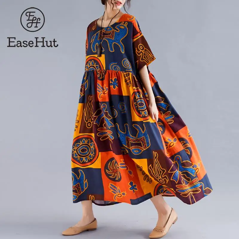 

EaseHut Vintage Women Oversized Dress O Neck Half Sleeves Loose Casual Summer Dress Cotton Linen Long Baggy Robes vestido 2019