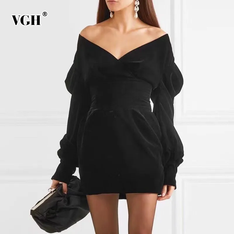 

VGH Off Shoulder Dresses For Women Puff Sleeve Slim Autumn V neck Casual Dress Female Clothes Fashion New 2019