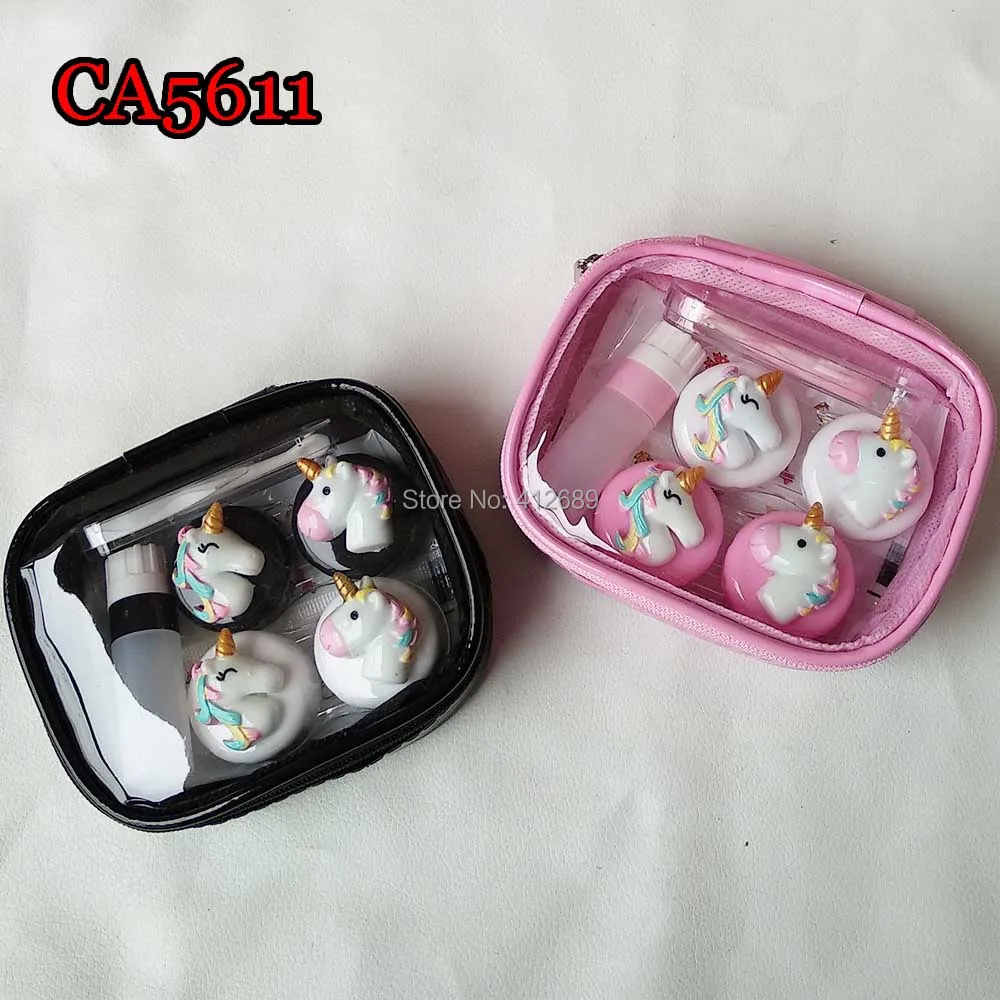 

CA5611 little cute unicorn deco 2 pairs contact lens case with pink pu saving bags