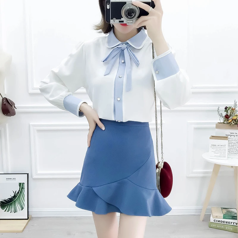

2019 spring short skirt suit chiffon shirt Tall waist fishtail skirts Korean fashion outfit women clothes bow top blouse vestido