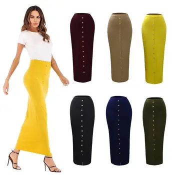 

6 Colors Women Muslim Maxi Skirt Modal Elastic High Waist Bodycon Button Wrap Sheath Straight Pencil Long Skirt OL Style Fashion