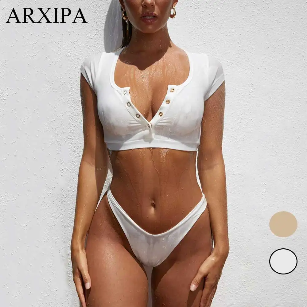 Женский купальник бикини ARXIPA однотонный белый топ с коротким рукавом и высокой