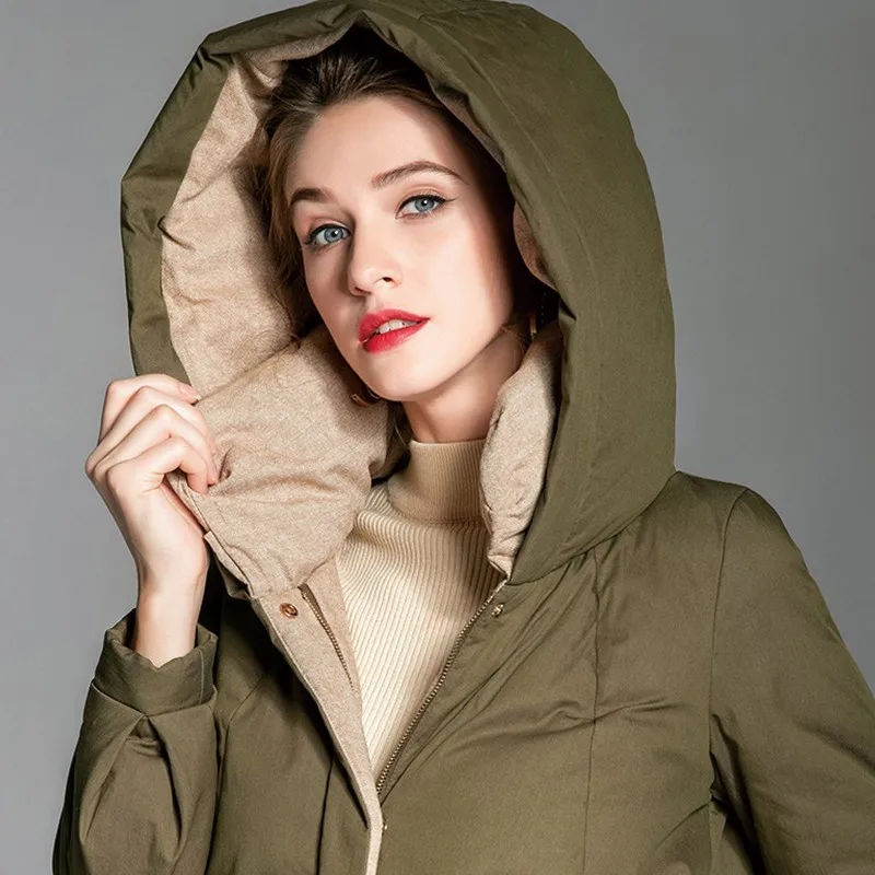 Chaud 90 Outwear Rembourré Canard Casual Plume Veste Longue Blanc Vert De Roulé Mode Parka Capuche Armée Col À D'hiver Armygreen Femmes 218 X8x0xv