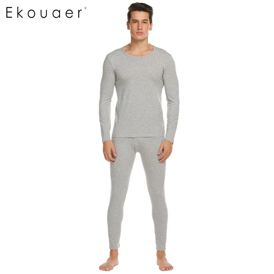 Ekouaer Thermal Underwear Mens Long Johns Solid O Neck Long Sleeve