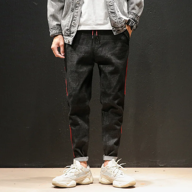 

#2056 Mens Black Jeans Elatic Waist Streetwear Jeans For Man Side Red Striped Pencil Harem Jeans Denim Joggers Plus Size 5XL