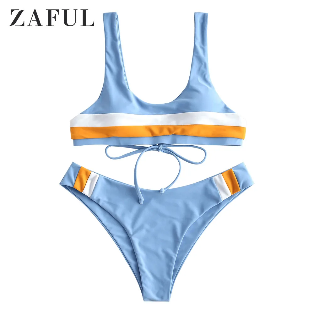 

ZAFULPatchwork Front Tank Bikini Thong Bikini Swimwear Mid Waisted Plunging Neck Swimsuit Sexy Beach Wear Bikinis 2019 Mujer