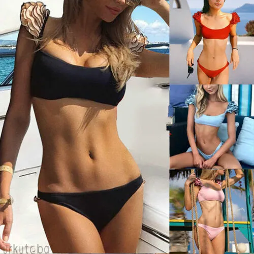 

Trendy Sexy lady 2019 bikini two piece swimsuit Solid Color Bikini Ruffled Swimwear Ladies flower Ruffle Lace Sexy Split Bikini