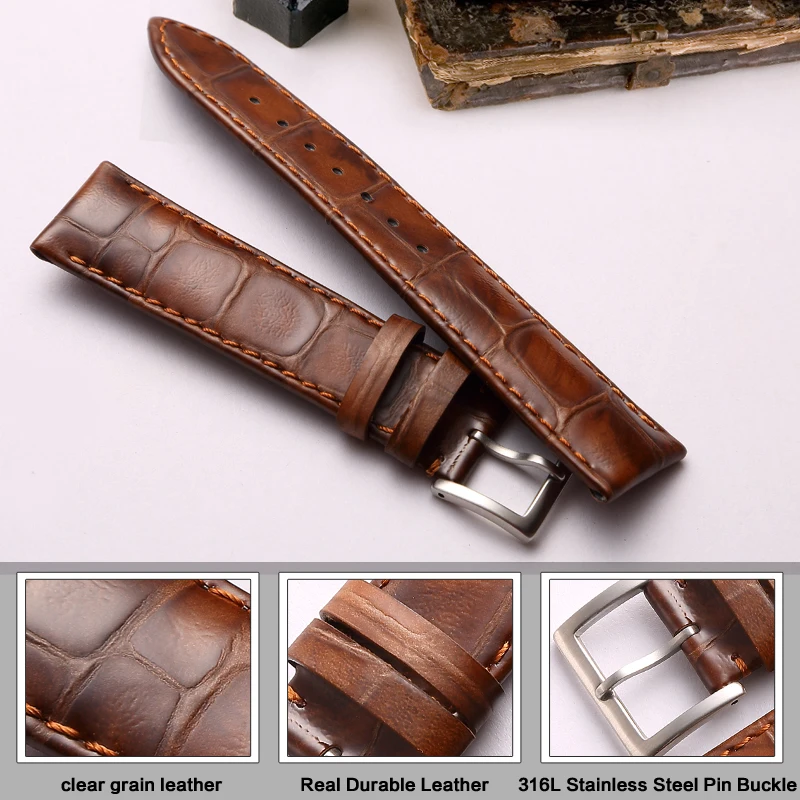 MAIKES  가죽 스트랩 수제 시계 밴드, 라이트 브라운 블랙 시계 팔찌 밴드, 시계 액세서리, 18mm, 19mm, 20mm, 22mm