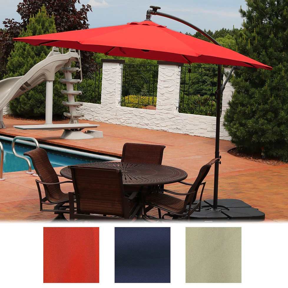 Sunnydaze Steel 10 Foot Offset Solar LED Patio Umbrella with Cantilever, Crank, and Cross Base