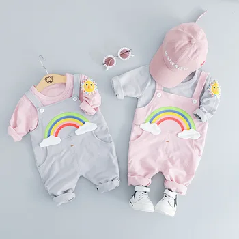 

Spring Baby Boys Clothes Pocket Baby Rompers Overalls Jumpsuits Rainbow Boys Girls Romper Bib Harem Pants Kids T shirt Clothes