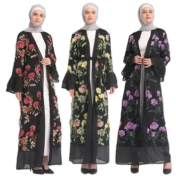 

Women Embroidery Abaya Open Cardigan Dubai Islamic Maxi Robe Arab Kaftan Dress