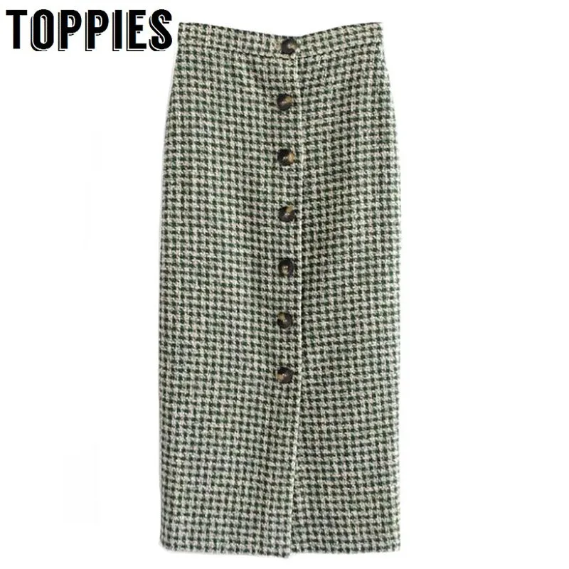

Vintage Twill Tweed Skirts Womens Button Up Pencil Skirts 2019 High Waist Plaid Long Skirt Faldas Mujer