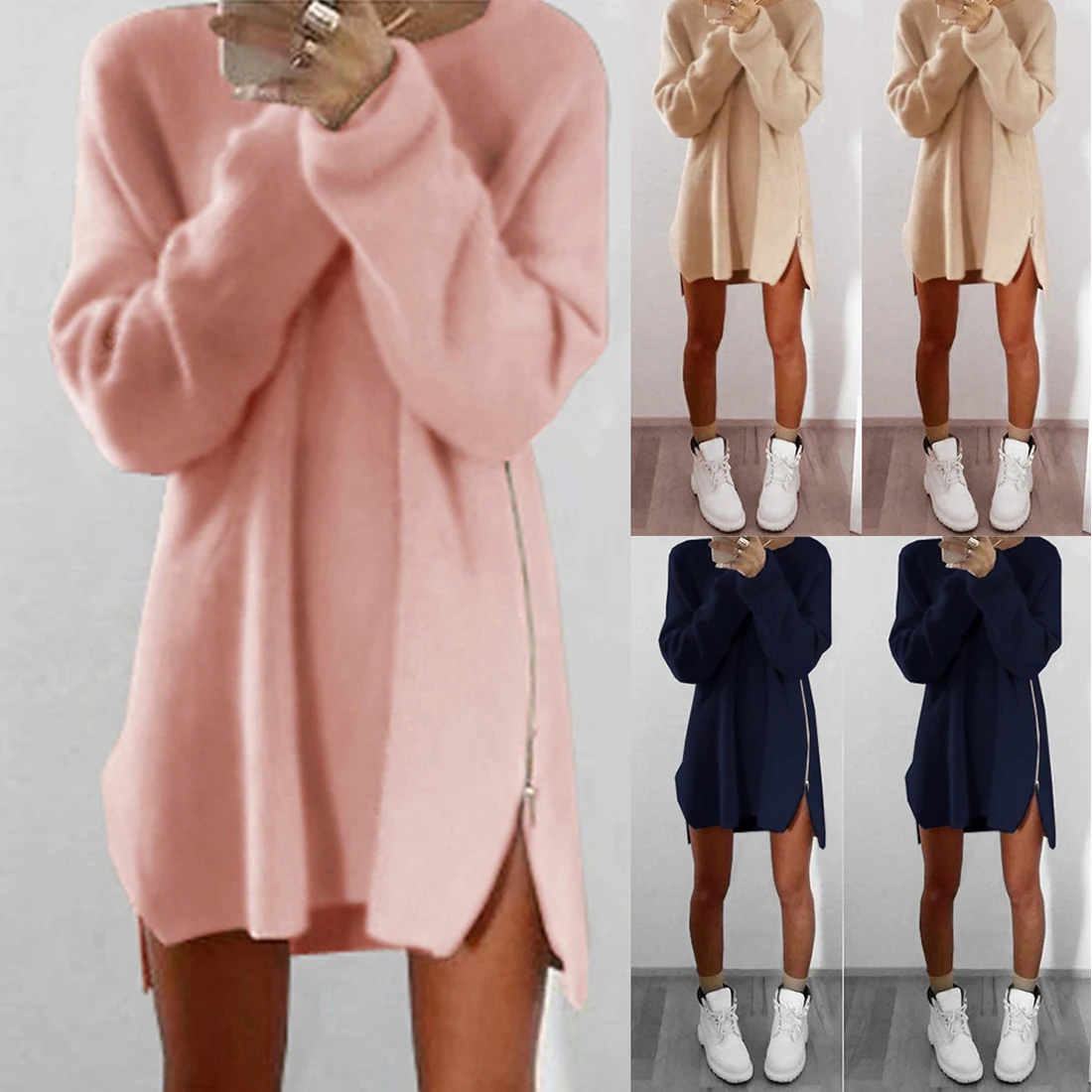 

Loose O-neck Pullover Female Knitted Dress Women Autumn Winter Dress Solid Knitted Cotton Sweater Dresses zip Vestidos Hot