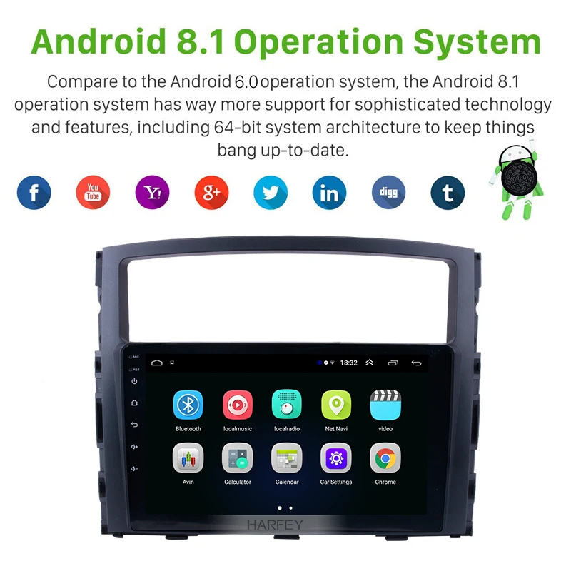 Sale Harfey 9" Android 8.1 HD Touch Screen for 2006 2007 2008-2013 Mitsubishi PAJERO V97/V93 Radio GPS Nav Car Stereo with Bluetooth 1