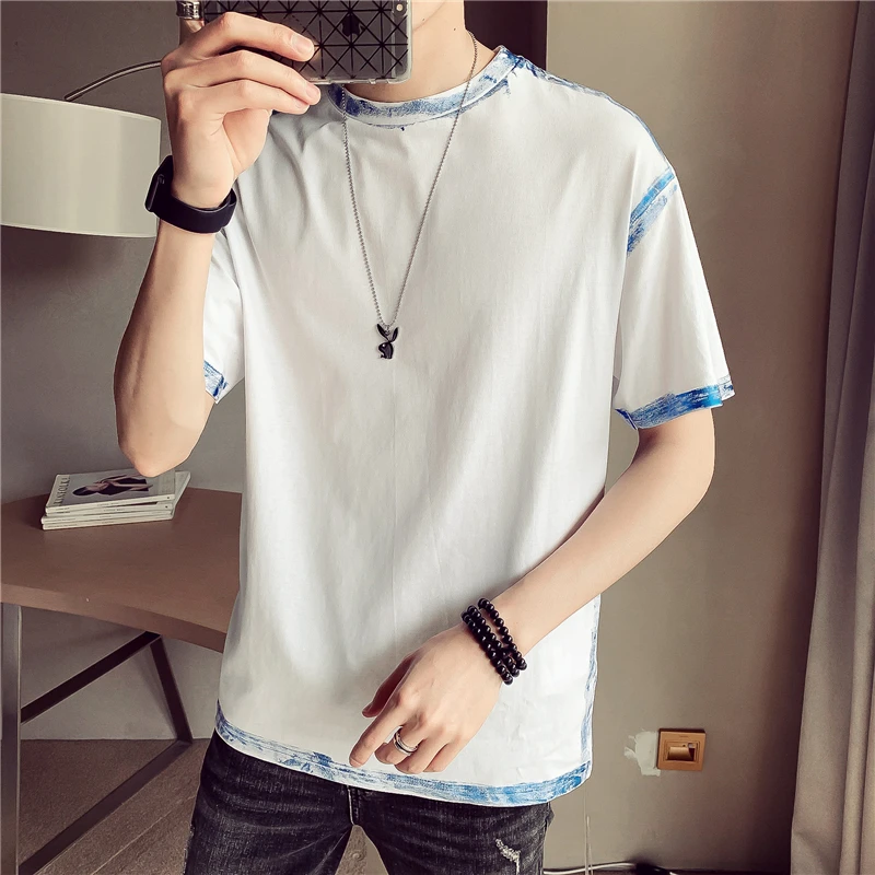 

Men's T shirt 2019 summer new slim loose T shirt plain casual five points sleeve round collar personality youth men's wear