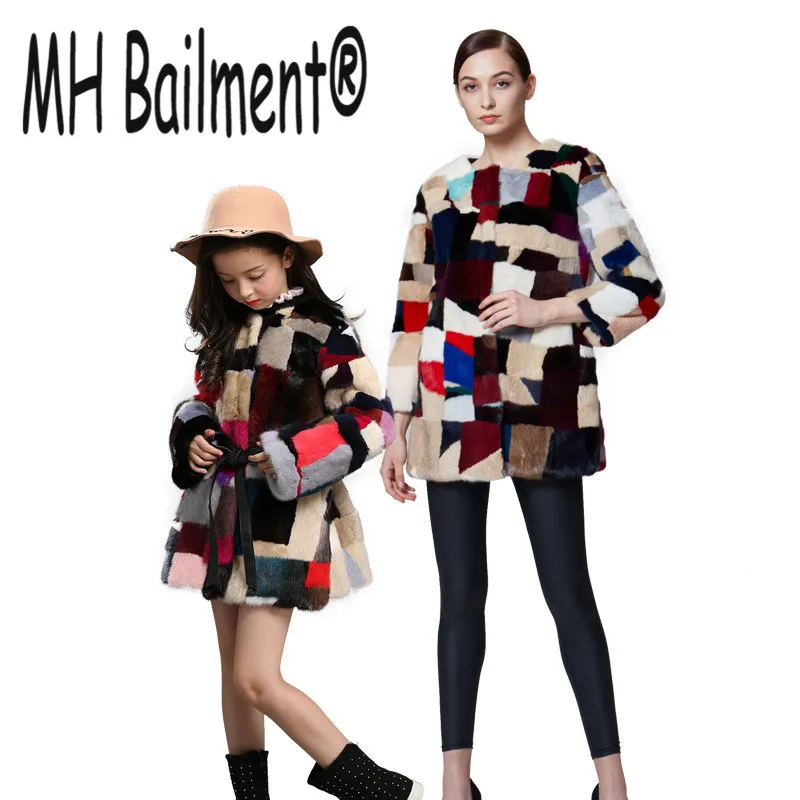

New Winter Real Mink Fur Style Pkaid Coat Family Matching Outfits Mother Daughter Outerwear Coat Mother & kids clothes