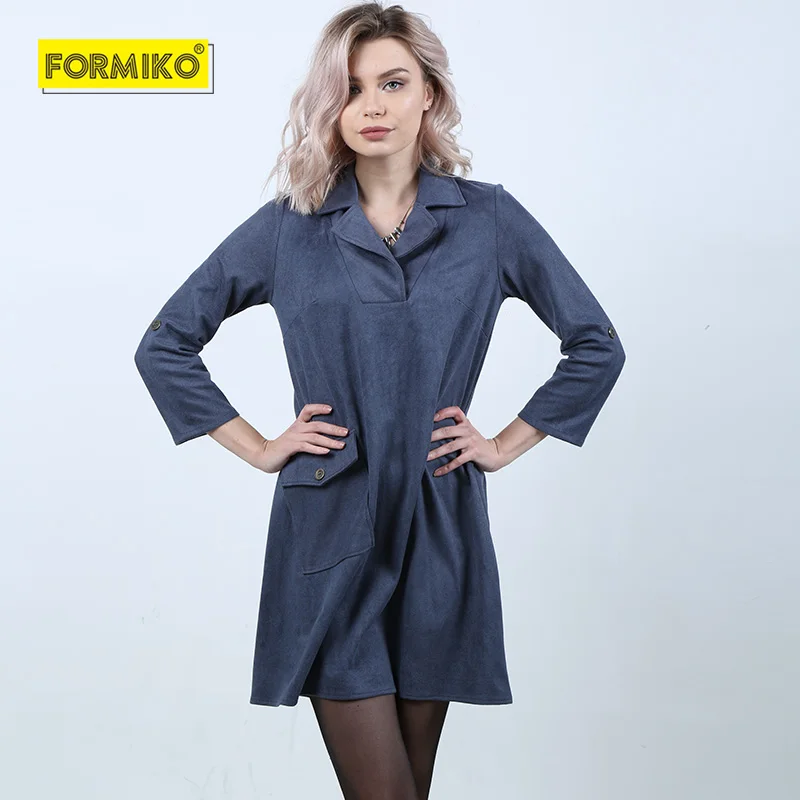 Formiko Замшевое платье А силуэта с отложным воротником. 2018 Сексуальное осень зима V