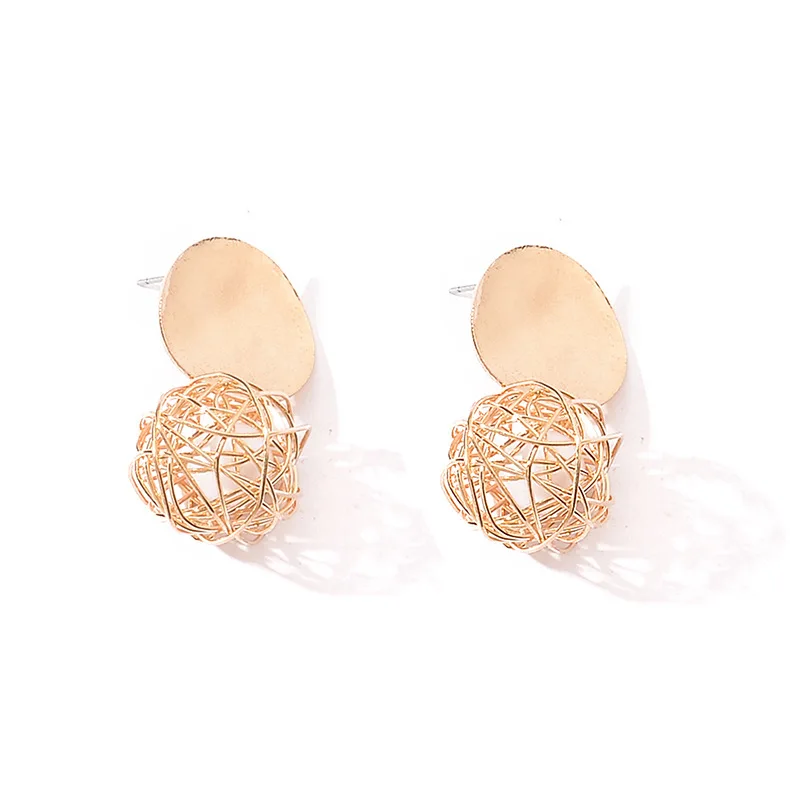 Women 2019 New Metal Geometric Round Stud Earrings Fashion Simple Woven Ear Studs Ball Pearl Jewelry | Украшения и аксессуары