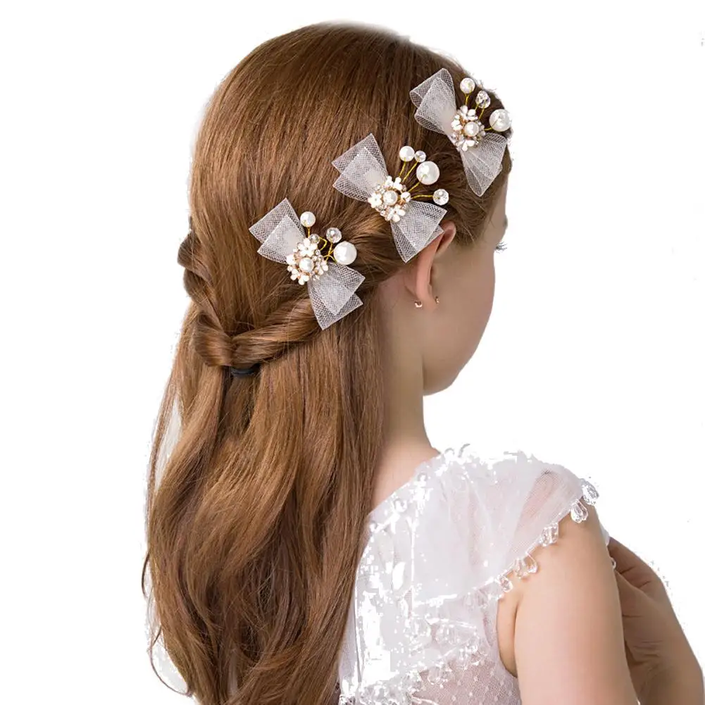

1Pc Golden Elegant Lace Bowknot Faux Pearl Hairpin Hair Clip Tiara Wedding Party Jewelry Hair Accessories Decoration