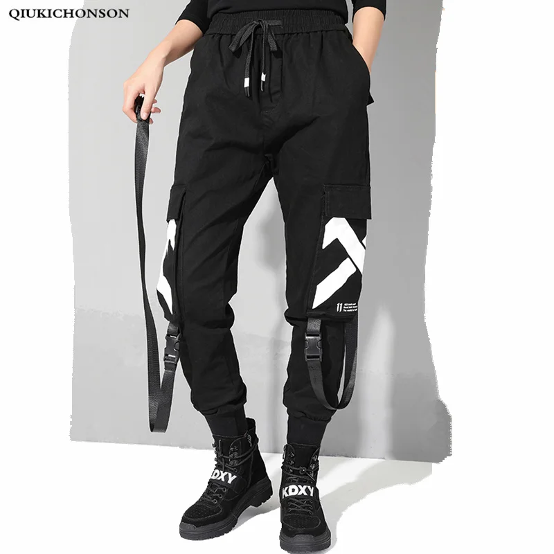 

Sling Design Cargo Pants Women 2019 Europe and America Spring Fashion Elastic Waist Black Pants Pockets Printing Casual Trousers