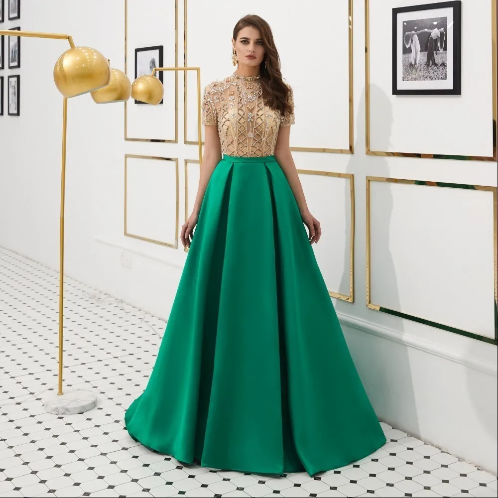 

Vivian's Bridal 2019 Fashion Satin Expansion Skirt Evening Dress Short Sleeve Illusion Mesh Beading Stripe Crystal Party Dress