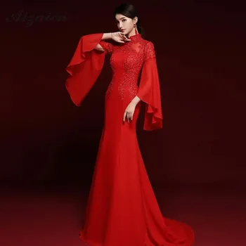 

Fashion Mermaid Lace Chiffon Cheongsam Modern Red Long Sleeves Qi Pao Women Traditional Chinese Evening Dress Host Qipao Gown