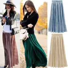 Горячая Мода Элегантные женские плиссированные юбки с высокой талией пляжные эластичные свободные размеры однотонные длинные макси юбки