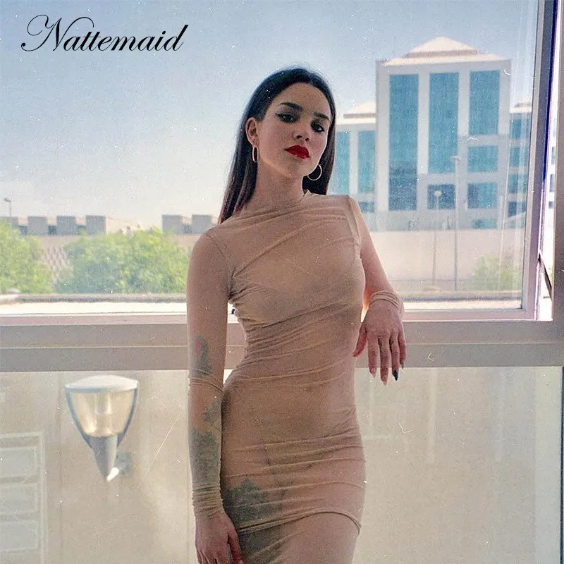 

NATTEMAID Thin Clear Transparent Green Nude Black Sexy Dress Women Full Sleeve Slim Bodycon Dresses Elegant Mini Summer Dress