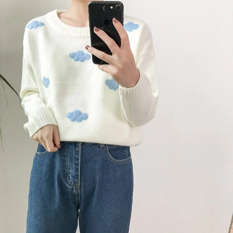 

Women'S Kawaii Ulzzang Vintage Clouds Loose Sweater Women Harajuku Clothing Korean College Cute Sweater