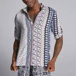 Masculina Camisa повседневные платья для мужчин рубашки для мальчиков короткий рукав с воротником-стойкой, свбодная геометрический 2019 Гавайский