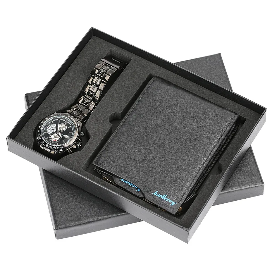 

Trendy Mens Watches Folding Clasp with Credit Card Holder PU Leather Wallets Gift Set Stainless Steel Male 2018 New Hot Clock