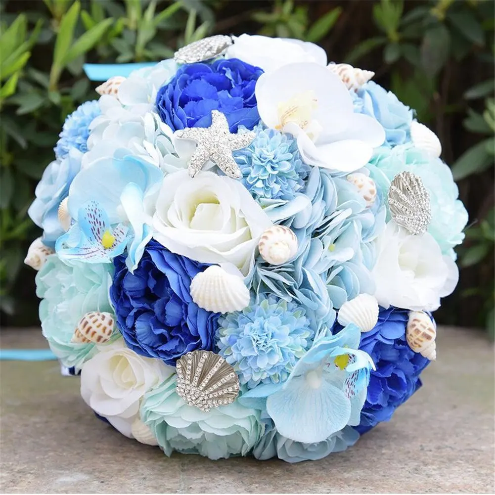 Романтические свадебные букеты для невест, пляжные ракушки синие искусственные цветы для свадьбы брошь свадебные букеты, ручной работы