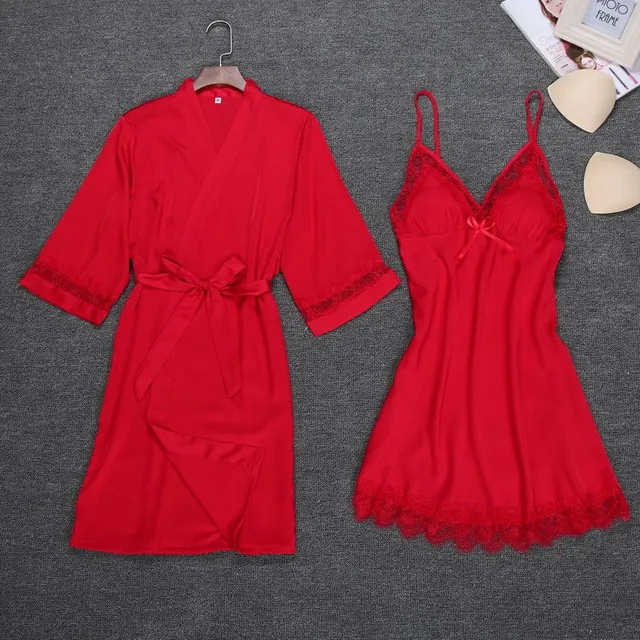 Cheap Ladies Sexy Red Silk Satin Robe Gown Set Lace Bathrobe Sets Summer Home Clothing SOlid Sleepwear Nightwear