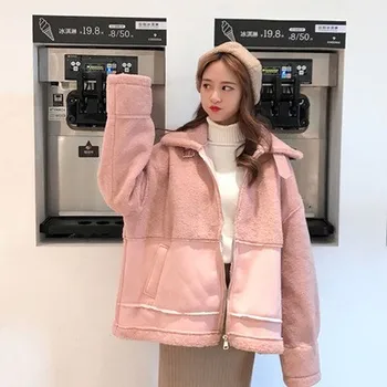 

Fashion solid color winter women's BF wind loose high collar Straight imitation lamb fur thick warm No cap leisure cotton coat