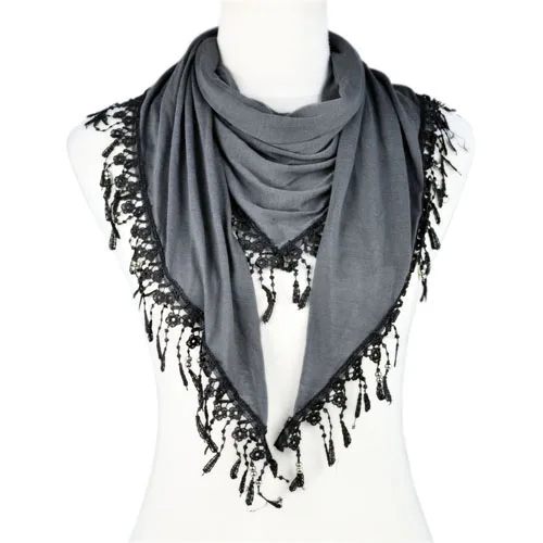 

AOLOSHOW Fashion Triangle Tassel Scarf For Women Lace Edge Triangular Tassel Scarf with Jewelry Beads Charms Shawl NL-1891