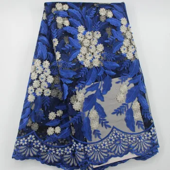 

Royal blue leaves and golden color flowers pattern with stones and beads Net Lace SC24 Free shipping French Tulle Lace Fabric