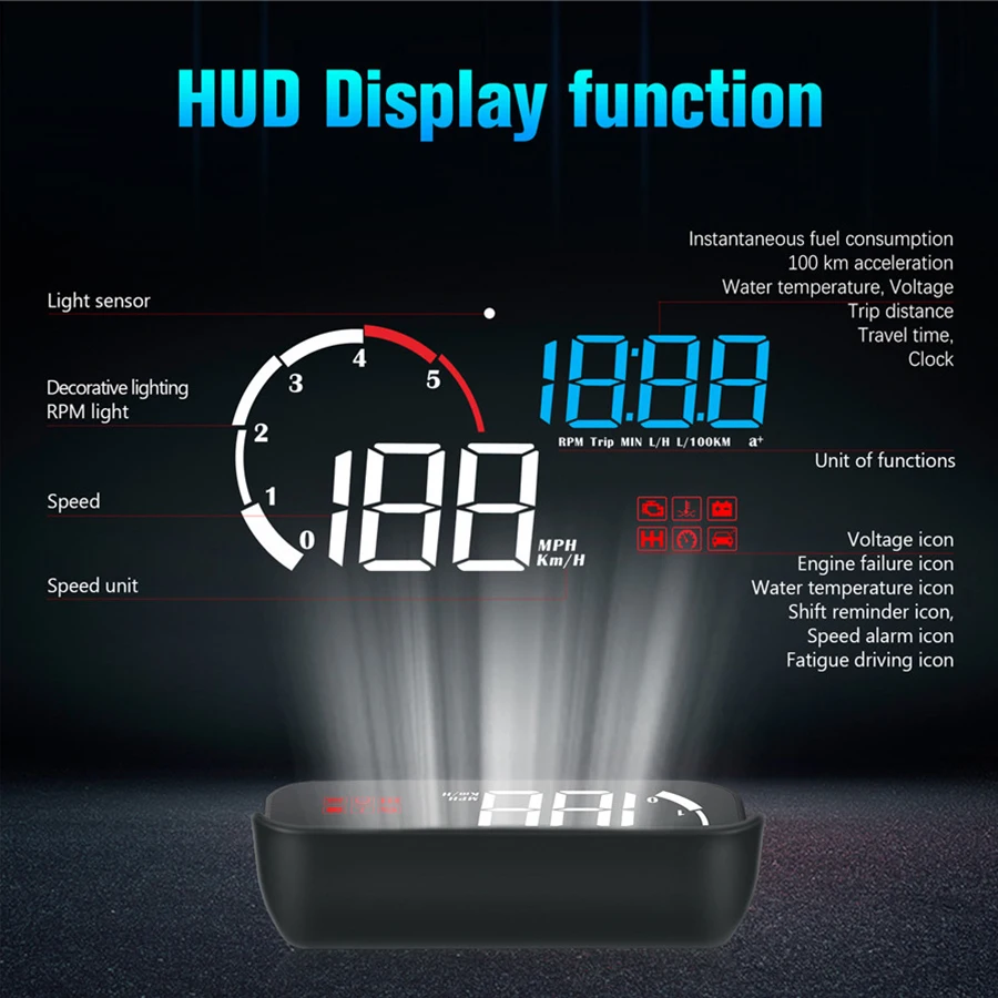 Автомобильный дисплей повышенной скорости HUD OBD2 Предупреждение об/мин