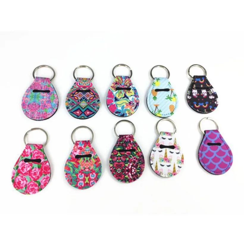 

Coin Holder Chapstick Holder Neoprene Keychain Unicorn Pattern Lip Palm Holder Floral Print With Metal Ring Wedding Gifts 2pcs