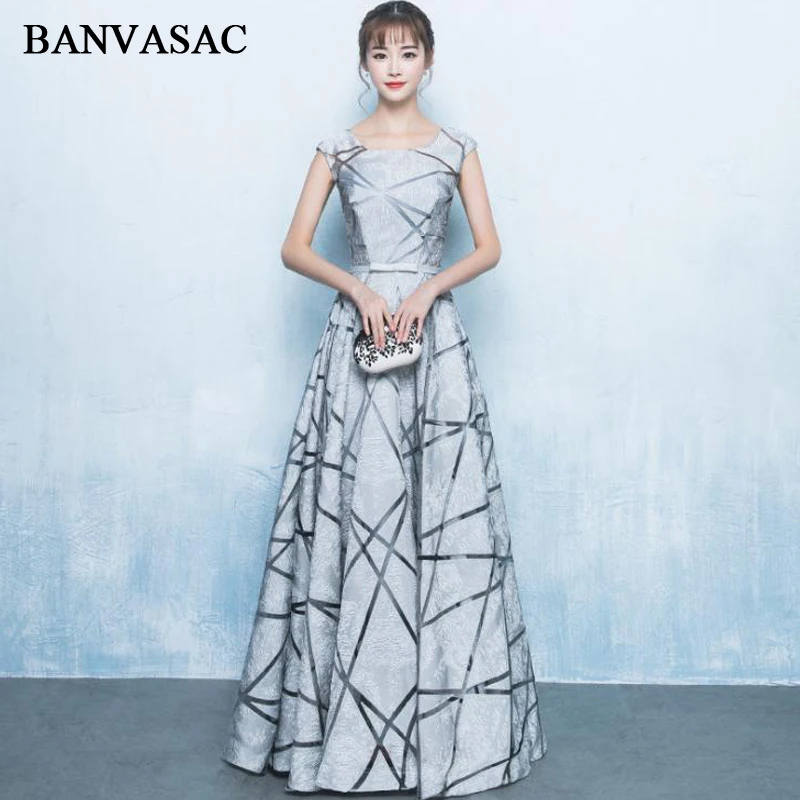 

BANVASAC Elegant O Neck Stripes Pattern A Line Long Evening Dresses Party Short Cap Sleeve Bow Sash Prom Gowns
