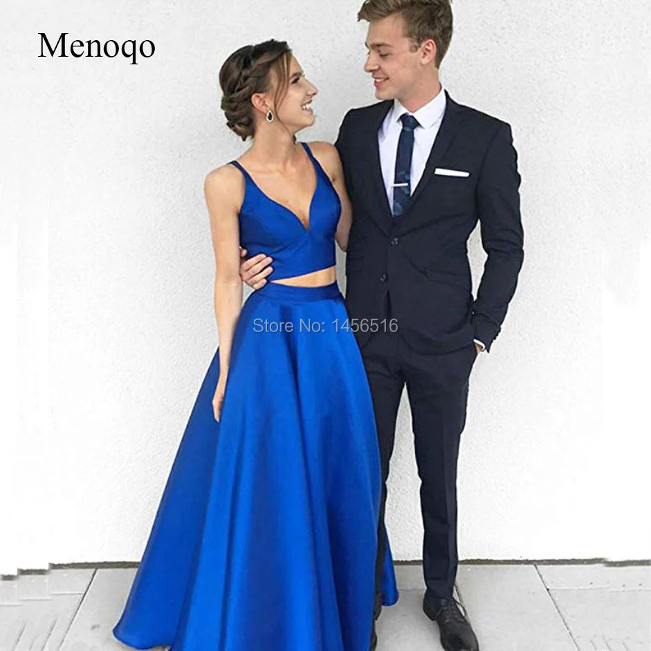 

Women's V Neck Two Pieces Satin Prom Dress 2019 with Pocket Long Formal Party Dresses Royal blue