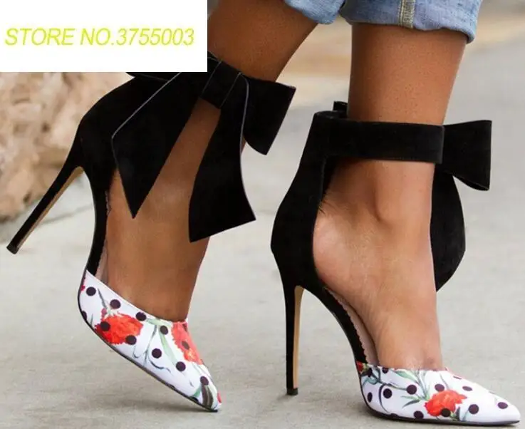 

Elegant Black Velvet Ankle Bow Ladies Sexy High Heels Mixed Colors Flowers Leather Women Point Toe Pumps Fashion Party Shoes